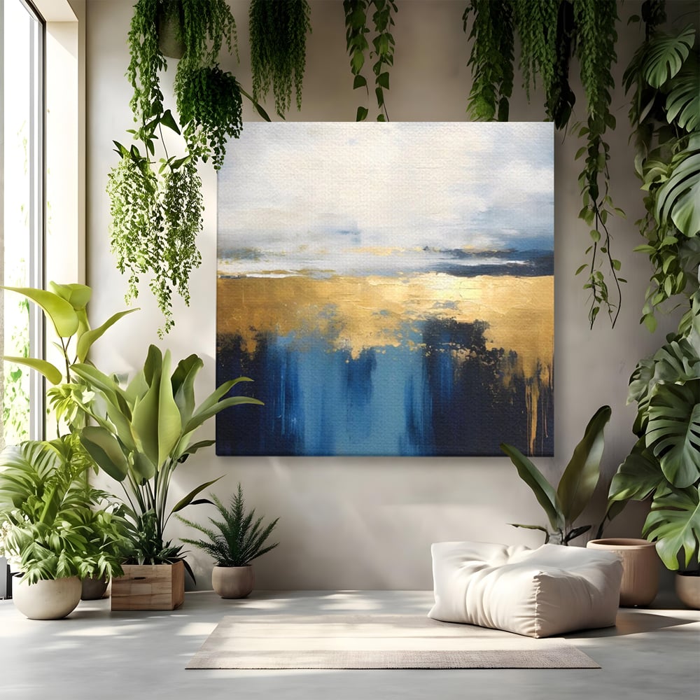 Tablou canvas cu pictura abstracta cu tonuri aurii si albastre, fara rama, pe sasiu de lemn
